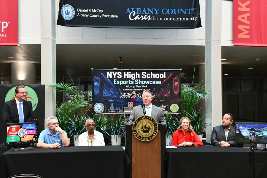 Albany County officials announcing the NYS High School Esports Showcase at MVP Arena